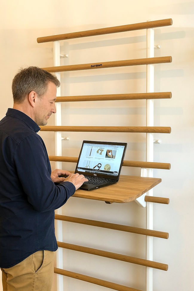 Mann arbeitet im Stehen an Premium Sprossenwand Kompakt